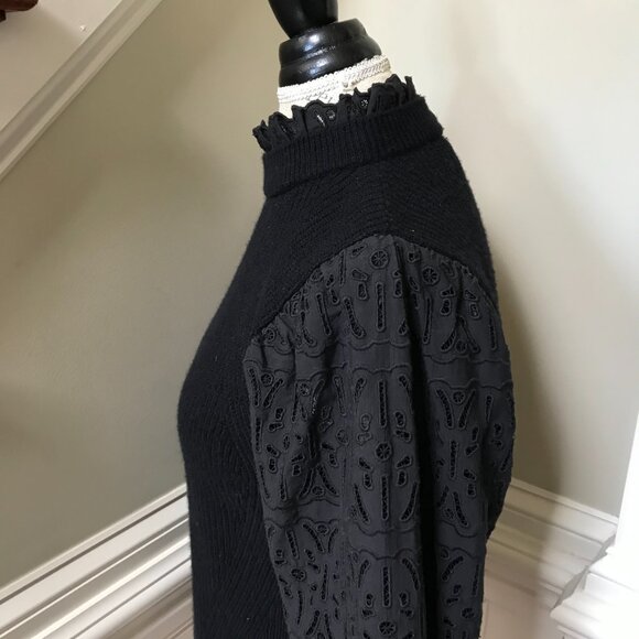 Sea NY Iris Eyelet Sweater Womens Medium Black Long Sleeve Wool Cotton Mock Neck - Picture 10 of 13